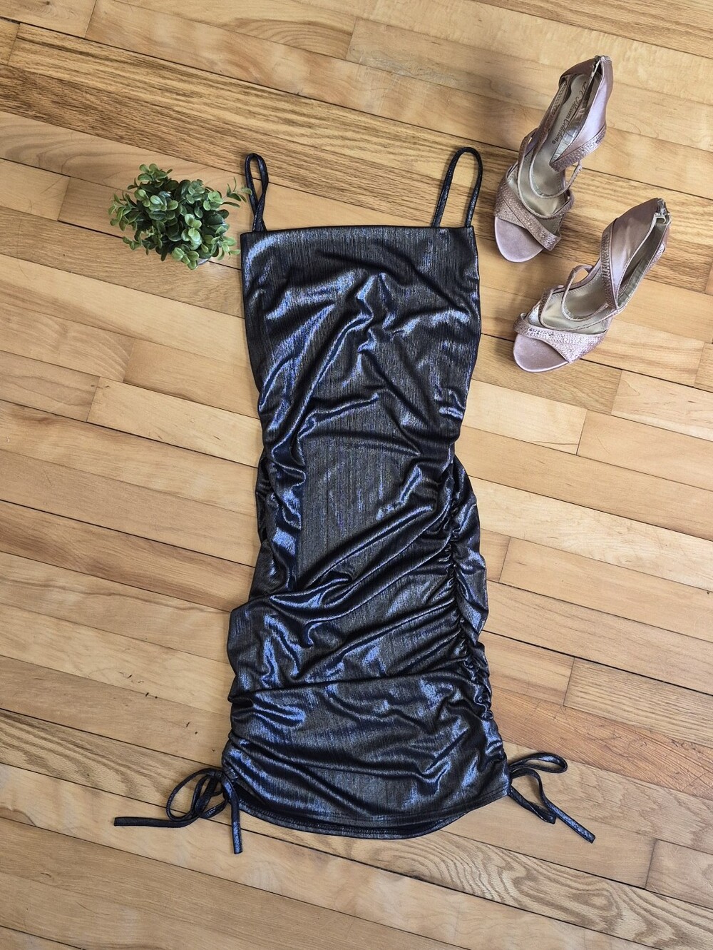 Forever Rose  Women’s Black Shimmery Ruched Slip Dress